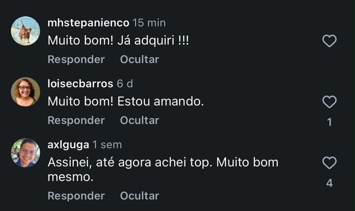 Comentários no Instagram de leitores dizendo que adquiriram o Bíblia Raízes, estão amando e acharam o aplicativo muito bom.