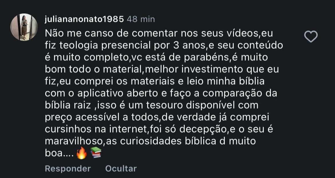 Comentário no Instagram de uma leitora elogiando o conteúdo completo, o material e o preço acessível do Bíblia Raízes.