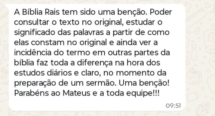Mensagem de um leitor dizendo que o Bíblia Raízes faz diferença nos estudos diários e na preparação de sermões.