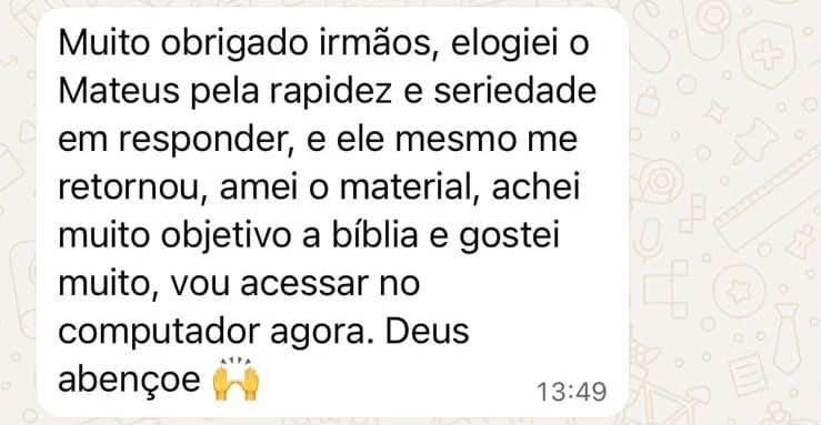 Mensagem de uma leitora agradecendo pela rapidez no atendimento e elogiando a objetividade do material do Bíblia Raízes.